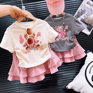 Summer New Girls Cute <strong>Cartoon</strong> Suit Drawstring Short Sleeve Top plus Princess <strong>Skirt</strong> Two-Piece Casual <strong>Print</strong> Pattern Clothes Set - Product Image 2