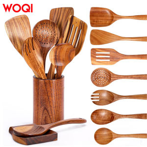 أواني طبخ خشبية من خشب الساج 8 عالية الجودة بتصميم حديث تحتوي على ملعقة طويلة ملعقة قهوة بجوز الهند - Product Image 1