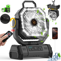 Ventilateur de camping LED puissant avec télécommande, faible bruit, arrêt automatique, veilleuse, crochet, 4 vitesses, en ABS