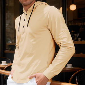 Sweat-shirt à capuche pour homme à manches longues, boutonné devant, décontracté, en mélange polyester et élasthanne, beige, coupe ajustée - Product Image 4