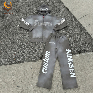 Custoom Men's Cotton Oversize Tracksuit for Men Distressed <b>Screen</b> Printing Logo Sweatpants Two Pieces Set Acid <b>Washed</b> Tracksuits - Product Image 2