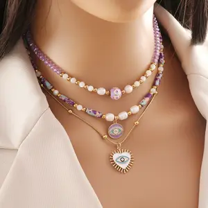 Copper plating Turkish Eye With Gold Beads Necklace For Women Female Fashion Thin Chains Necklaces