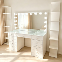 Table de toilette moderne blanche avec miroir LED Hollywood et tiroirs, bureau de maquillage avec station de charge pour petite chambre