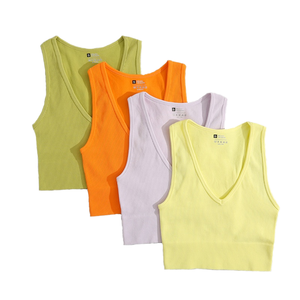 Custom Ribbed Knitted V Neck Vest Casual Breathable Eco Friendly Low Neck <b>Crop</b> Tank <b>Tops</b> Super Stretch Summer <b>TOPS</b> for Women - Product Image 1