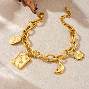 Fashionable Gold Plated Stainless Steel Chunky Chain Bracelet With Moon Star Charms Geometric Design Gift Jewelry - Product Image 2