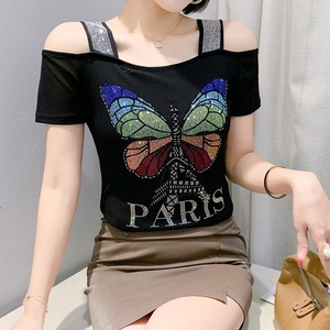 T-shirt a farfalla colorata per ragazze alla moda con strass di lusso da donna a manica corta <span class=keywords><strong>vestiti</strong></span> traspiranti con spalle scoperte - Product Image 3