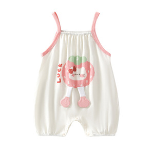 Combinaison à bretelles en coton pour bébé fille, combinaison d'été avec imprimé fraise, tissu fin pour nouveau-nés - Product Image 5