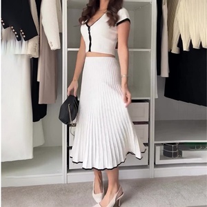 Knit Ribbed Ruffles Patchwork Women's Set Short Sleeve <b>Cardigan</b> and Midi Skirts 2024 Two 2 Piece Sets Outfits - Product Image 3