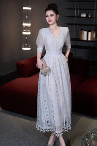 <span class=keywords><strong>XXL</strong></span> <span class=keywords><strong>vestido</strong></span> largo 2026 Primavera Verano boda fiesta señora Sexy cuello en V ahueca hacia fuera bordado media manga largo púrpura blanco <span class=keywords><strong>vestido</strong></span> Maxi - Product Image 4