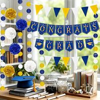 Kit de Décorations de Remise de Diplôme Bleu et Or 2026 – Bannière « Félicitations Diplômé », Guirlande, Étoiles en Carton et Pompons en Papier