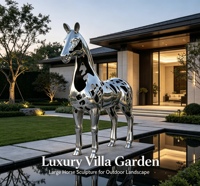 Sculpture de cheval ajourée en acier inoxydable – Design sportif moderne finition miroir poli pour usage extérieur dans les parcs, hôtels, jardins