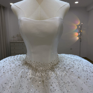 Lsjj156 Sparkly Ivory Satin Bateau Neck Ball Gown <b>Wedding</b> Dress Pearl Choker Beaded Waist Cathedral Train Jancember - Product Image 3