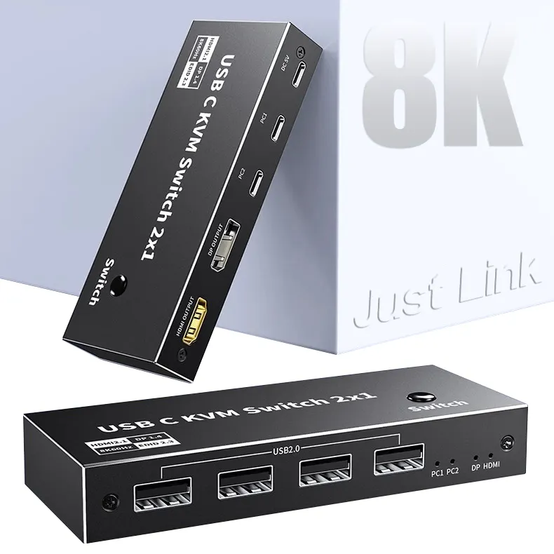 Justlink Type C KVM สวิตช์2x1 HDMI2.1 + DP1.4พร้อม8K 60Hz 4K 144Hz พอร์ต USB KVM HDMI สวิตช์ DP ที่ผ่านการรับรองจาก ROHS