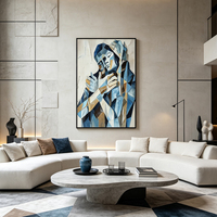 Tableau mural minimaliste village côtier bleu canard impasto fait main déco maison hôtel villa
