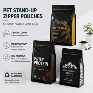 Bolsas de Embalaje Ecológicas con Cierre Hermético, Fondo Plano, de PET, Resistentes a la Humedad, para Proteína en Polvo y Granos de Café - Product Image 1