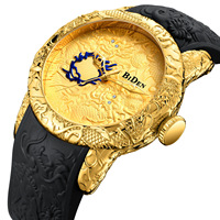 Biden 0129 Yeni Moda 3D Heykel Ejderha Erkek Japon Mekanizmalı Quartz Saatler Altın Büyük Kadran Zarif Rölyef Yaratıcı Saat