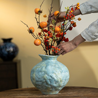Glasierte Keramik-Tischvase Rund Handgefertigt Blumengefäß Neuer Chinesischer Stil Wohnzimmer-Dekoration