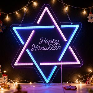 Insegna al Neon di Hanukkah, Stella di David con Gradiente Rosa-Blu, Luce LED con Scritta 'Happy Hanukkah', Insegne al Neon Personalizzate - Product Image 1