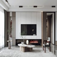 Mur média moderne personnalisé Balom pour salon avec armoires sans poignées et console de cheminée sur pied