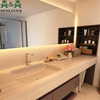 Meuble-lavabo flottant moderne et minimaliste SLS avec miroir LED, texture travertin, vasque intégrée et armoire en bois