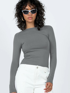 T-<span class=keywords><strong>shirt</strong></span> court à col rond et <span class=keywords><strong>manches</strong></span> <span class=keywords><strong>longues</strong></span> pour <span class=keywords><strong>femme</strong></span> Y2K, en <span class=keywords><strong>coton</strong></span> noir uni 180g, respirant et écologique, personnalisable avec logo, vente en gros - Product Image 5