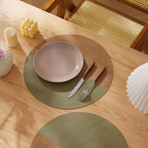 Two Tone Stitched Pvc Leather Placemat Round Heat Insulating Western Style Dining Mat Oil Proof Bowl Cup <b>Coaster</b> - Product Image 2