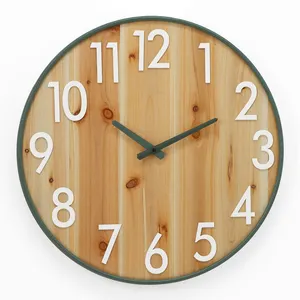 3D Arabic Numbers Indoor Round Wooden Wall Clocks With Metal Frame