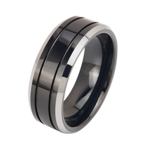 POYA Bague en tungstène unisexe 8mm Double rainuré avec bord biseauté classique argenté plaqué noir pour cadeau de fiançailles de mariage