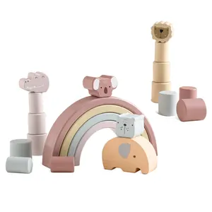 Hölzerne niedliche Tierart-Bausteine, die Spielzeug stapeln Kinder pädagogisches Babystapler-Stapels pielzeug