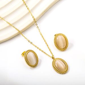 Conjunto de pendientes y collar de piedra ojo de gato ovalada, joyería fina para mujer, engaste de bisel de acero inoxidable, uso diario - Product Image 1