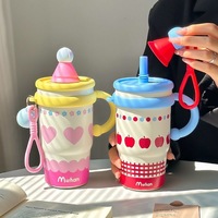 Gobelet isotherme en acier inoxydable de grande capacité au design de dessin animé, poignée pratique et paille, gobelet à eau classique de luxe pour garçons et filles