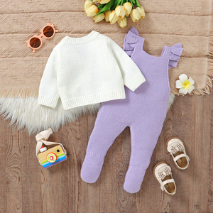 Ensemble tricoté pour nouveau-né : Cardigan fleuri et barboteuse à volants – Tenue douce en maille pour bébés filles - Product Image 2