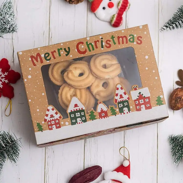 Caja de regalo de papel de macarrón para galletas, aspecto delicado de Navidad, venta al por mayor