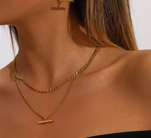 Conjunto de Joyería de Lujo de Doble Capa con Hebilla OT, Collar Apilable y Pendientes, Cadena Dorada Versátil para Clavícula de Mujer - Product Image 1