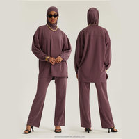 Ensemble Sportif Modeste Personnalisé OEM pour Femme Musulmane : Haut Long et Pantalon en Jersey Extensible Mauve à Épaules Tombantes et Col Rond