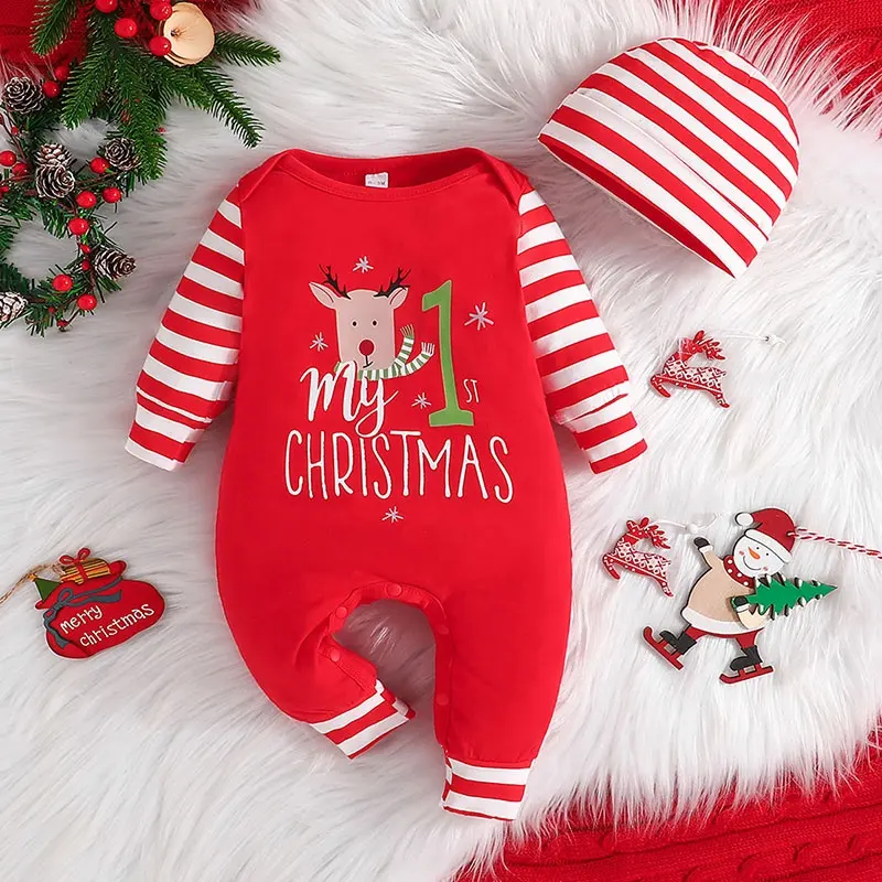 Venta caliente Navidad bebé recién nacido mameluco trajes personalizados mameluco otoño mono manga larga regalo de Navidad con un sombrero