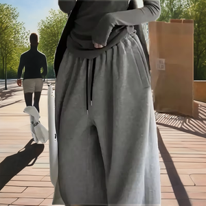 Pantalon décontracté d'hiver pour femme, taille mi-haute, coupe droite, en toile, avec cordon de serrage et poches, couleur délavée - Product Image 2