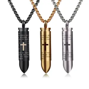 Unscrewable Engraved Stainless Steel Men's Jesus Cross Scripture Jewelry Cremation Ashes Pendant Bullet Necklace