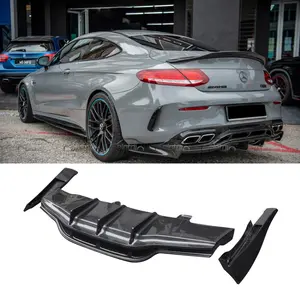 Bumper Belakang Serat Karbon Gaya P, Sirip Bibir Spoiler Pemisah Samping untuk Mercedes Benz Kelas C W205 C63 Diffuser