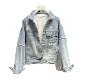 2021 Fall Fashion Lady Street Biker Style Ripped Denim Top Slim Irregular Design Distressed Plus Size Women's Jackets & Coats