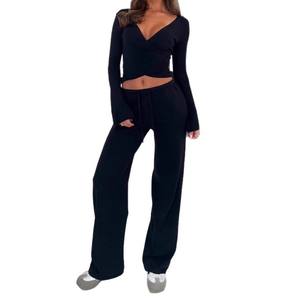 女式休闲两件套新款纯色v领遮盖带运动装修身精纺直筒裤短款上衣 - Product Image 5