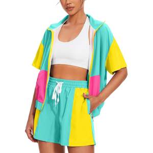 Conjunto Deportivo de 2 Piezas para Mujer, Estilo Color Block de los 80, Chaqueta Ligera con Cierre y Pantalones Cortos Transpirables, Atuendo de Verano - Product Image 3