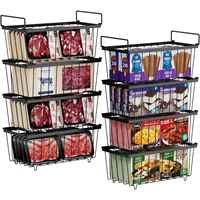 Lot de 4 bacs de rangement empilables pour congélateur, paniers de rangement en métal pour congélateur, organisateur de nourriture pour viande avec poignées