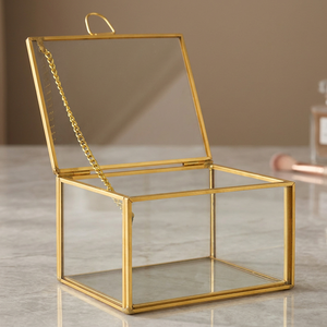 Glass Jewelry Box With Lid Hinged Cube Shape Minimalist Design Gold <b>Frame</b> Storage Container For Accessories - Product Image 2
