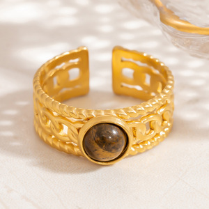 Fashion <b>Rings</b> Women's Geometric Natural Stone Stainless Steel 18k Gold Plated Party Jewelry Bezel Setting <b>Titanium</b> Steel - Product Image 2