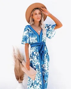 Groothandel vrouwen jurk split-Moen Nieuwste Ontwerp Zomer V-hals Tropische Print Slit Vrouwen Casual Bloemen Beachwear Maxi Jurk
