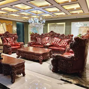 Haoyu Furniture Hot Selling Traditional Style Furniture, Wooden Frame Leather Durable Dark Sofa Red Set for Villa