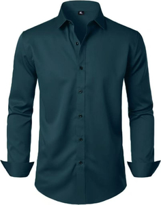 Camisa de Negocios de Algodón Azul de Manga Larga para Hombre, Corte Entallado, Cuello con Muescas, Antiarrugas, Largo Regular, Tejido de Sarga - Product Image 5