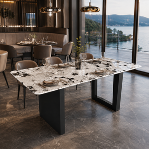 Table à manger personnalisée en quartzite Snow Fox, plateau rectangulaire, style moderne, pour villa, 6 à 8 places, pieds en métal, mobilier en pierre - Product Image 1