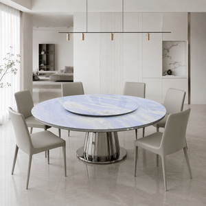 Table à manger personnalisée, plateau rond, style moderne, villa, 8 places, pieds en métal, meubles en pierre, luxe, calcite azul et marbre bleu - Product Image 6